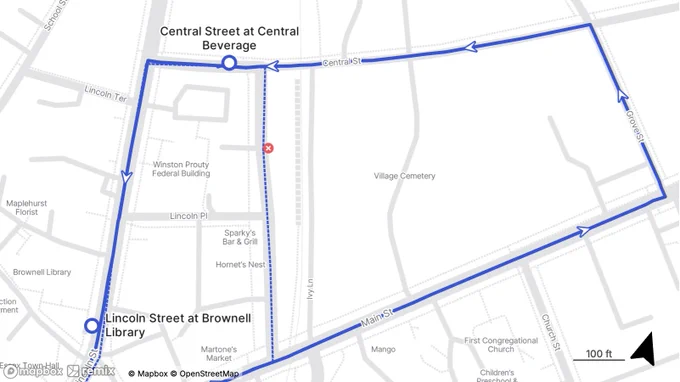Map showing a driving route starting on Main Street, looping through Central Street by Central Beverage, and returning via Lincoln Street.