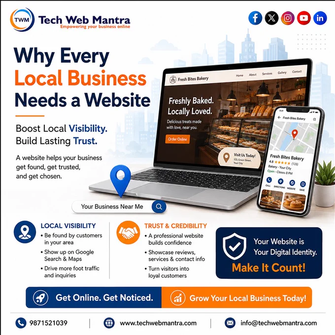 Tech Web Mantra promotional graphic explaining why every local business needs a website. The design features a business website displayed on a laptop, local search visibility on a mobile device, Google Maps presence, trust-building elements, and business growth benefits through a professional online presence.

Local Business Website, Business Website Development, Website Development Company, Small Business Website, Professional Website Design, Local SEO Services, Website for Local Business, Responsive Website Design, Business Growth Solutions, Online Presence Management, Digital Marketing Services, Website Design Company, Google Business Visibility, Lead Generation Website, Business Branding, Custom Website Development, Local Search Optimization, Web Development Services, Professional Business Website, Tech Web Mantra.