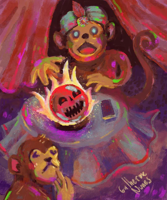 Painting of a monkey wearing a turban with an emerald and a feather reading a crystal ball in which the image of a skull appears. The monkey's eyes are frighteningly blue, and the other monkey, who is having his fortune read, looks worried because the table is beginning to levitate.