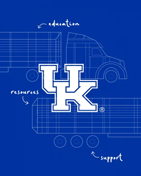 Blue image featuring an outlined design of trucks with the University of Kentucky logo in the center. Curved arrows with the words "education," "resources," and "support" surround the trucks.