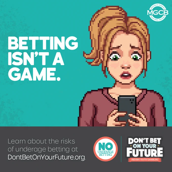 Pixel art of a young person holding a phone with text warning that betting isn't a game and promoting awareness of underage betting risks.