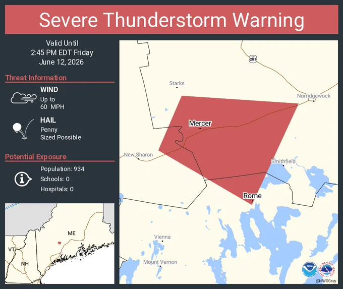 This graphic displays a severe thunderstorm warning plotted on a map. The warning is in effect until 2:45 PM EDT. The warning includes Rome ME and Mercer ME.  This warning is for North central Kennebec County in south central Maine, South central Somerset County in west central Maine and Southeastern Franklin County in western Maine. The threats associated with this warning are wind gusts up to 60 MPH and penny sized hail. There are 934 people in the warning along with 0 schools and 0 hospitals.