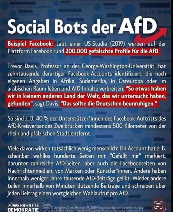 Social Bots der AfD
Laut einer US-Studie (2019) werben auf der Plattform Facebook rund 200.000 gefälschte Profile für die AfD.

Trevor Davis, Professor an der George-Washington-Universitat, hat zehntausende derartiger Facebook-Accounts identifiziert, die nach
eigenen Angaben in Afrika, Südamerika, in Osteuropa oder im
arabischen Raum leben und AfD-Inhalte verbreiten. "So etwas haben
wir in keinem anderen Land der Welt, das wir untersucht haben,
gefunden”, sagt Davis. "Das sollte die Deutschen beunruhigen.

So sind z. B. 40 % der Unterstützer*innen des Facebook-Auftritts des AfD-Kreisverbandes Zweibrücken mindestens 500 Kilometer von der rheinland-pfalzischen Stadt entfernt.

Viele davon wirken tatsächlich wenig menschlich: Ein Account hat z. B. scheinbar wahllos hunderte Seiten mit "Gefällt mir" markiert, darunter zahlreiche AfD-Seiten, aber auch die Facebookseiten von Nachrichtenmedien, von Marken oder Künstler*innen. Andere haben innerhalb weniger Jahre tausende AfD-Beiträge gelikt. 