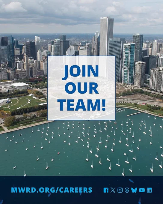 Aerial view of downtown Chicago with skyscrapers, Lake Michigan, and numerous sailboats docked along the shoreline. In the center, a large white box displays the text "Join Our Team!" in bold blue letters. At the bottom, a blue banner features the URL "MWRD.org/Careers" and icons for Facebook, X (Twitter), Instagram, Threads, YouTube, and LinkedIn, promoting career opportunities at the Metropolitan Water Reclamation District of Greater Chicago.