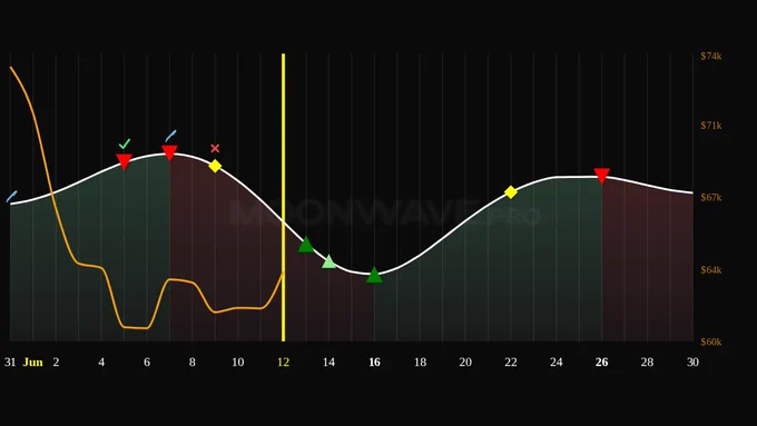 Moonwave 4-week Predicted Market Sentiment chart for June 12, 2026. The chart graphs predicted bullish-bearish sentiment with high-probability buy/sell/derisk points. The price of BTC is represented by an orange line.