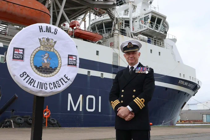 Commander Phil Harper and HMS Stirling Castle in Grangemouth.

Credit: Royal Navy 