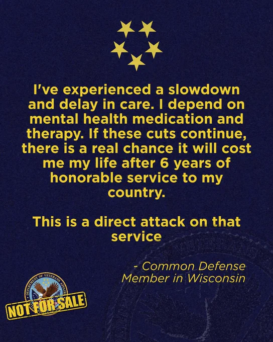 Yellow text on a dark blue background with a circular emblem at the bottom right. Stars are arranged in a circle above the text. Main text describes a personal account of slowed and delayed care impacting mental health and therapy. It mentions six years of service to the country and criticizes the situation as a direct attack on that service. A "Not For Sale" sticker is placed at the bottom left.