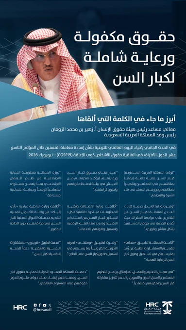 معالي مساعد رئيس #هيئة_حقوق_الإنسان أ. زهير بن محمد الزومان، خلال مشاركته في الحدث الجانبي لإحياء #اليوم_العالمي_للتوعية_بشأن_عدم_إساءة_معاملة_كبار_السن، المقام على هامش المؤتمر التاسع عشر للدول الأطراف في اتفاقية حقوق الأشخاص ذوي الإعاقة (COSP19) في نيويورك.