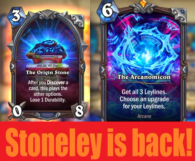 the image shows the signature cards "The Origin Stone" and "The Acranomicon", bottom line: Stoneley is back!