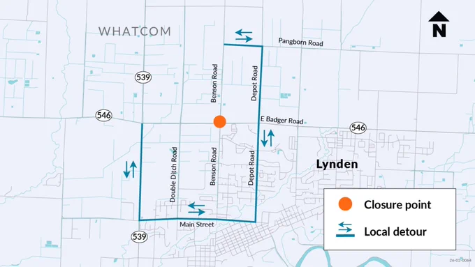 Map shows closure of State Route/Eastbound Badger Road intersection with Benson Road in orange with the detour route in blue with arrows using State Route 539/Guide Meridian, Main Street, Depot Road and Pangborn Road.