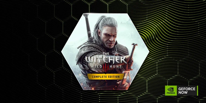 Image featuring the cover art for The Witcher 3: Wild Hunt Complete Edition within a hexagonal frame. Geralt of Rivia faces the viewer while drawing his sword. The frame appears against a black background with green lines. The Nvidia GeForce Now logo is visible in the bottom-right corner.