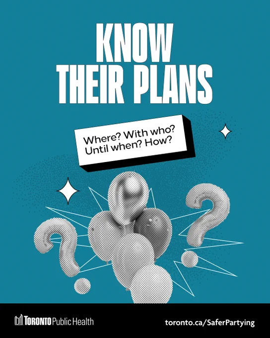 A blue graphic with black & white photos of balloons, some of which are question mark shaped. All caps title reads, ‘KNOW THEIR PLANS’. Underneath a text box reads, ‘Where? With who? Until when? How?’. The bottom banner has the Toronto Public Health logo & link to toronto.ca/SaferPartying