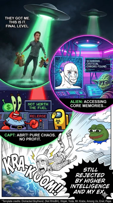 A 4-panel vertical comic showing a man abducted by a UFO, rejected after an alien brain scan reveals critical errors, and dropped back to Earth.