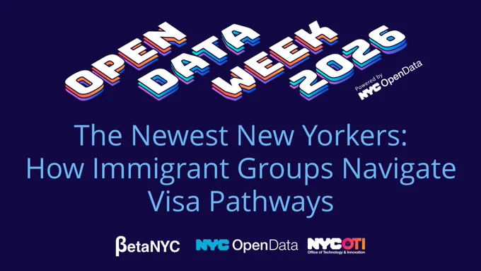 Banner with a dark blue background and stylized “OPEN DATA WEEK 2026” title, labeled as powered by NYC Open Data. Main text reads “The Newest New Yorkers: How Immigrant Groups Navigate Visa Pathways.” Bottom logos include BetaNYC, NYC Open Data, and NYC OTI (Office of Technology & Innovation). The graphic promotes a session focused on immigration pathways, immigrant communities, and the use of data to understand migration experiences in New York City.
