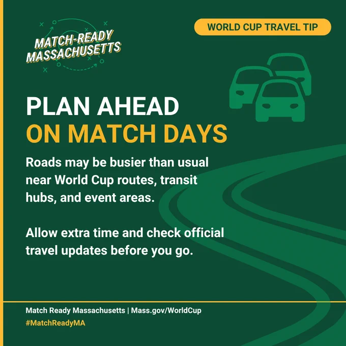 World Cup travel tip advising to plan ahead on match days due to busier roads near event areas and transit hubs.