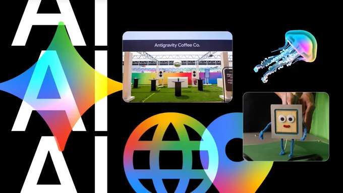 A vibrant digital collage showcasing Google I/O 2026 highlights. On the left, the word "AI" repeats in a stacked, colorful font next to a bright, multicolored graphic of a jellyfish. The right side features a still image of "Timmy TPU," a claymation-style robot character made from cardboard and markers, alongside an outdoor photo of a pop-up cafe with a sign reading "Antigravity Coffee Co."
