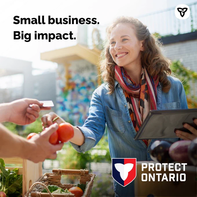 A person selling vegetables at an outdoor farmers market. Title: Small Business. Big Impact. Protect Ontario.