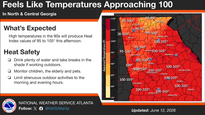 Image of Heat Index Values over north and central Georgia on the right, with heat safety tips on the left. 