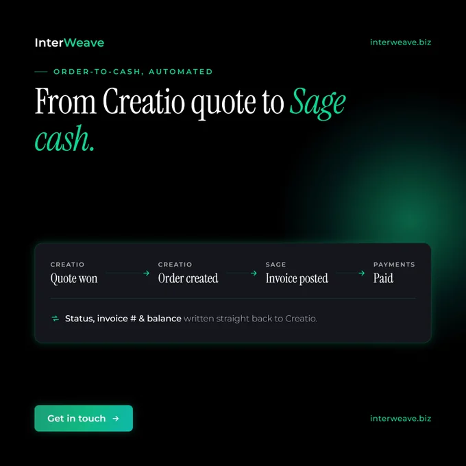 From Creatio Quote to Sage Cash
Order to Cash, Automated.
🌐Explore: www.interweave.biz