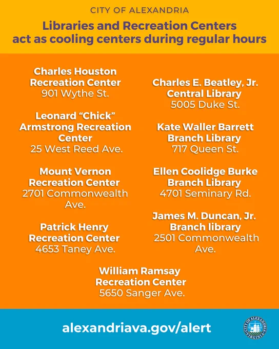 The image is an informational flyer from the City of Alexandria about libraries and recreation centers that act as cooling centers during regular hours. It lists several locations: Charles Houston Recreation Center, Leonard “Chick” Armstrong Recreation Center, Mount Vernon Recreation Center, Patrick Henry Recreation Center, William Ramsay Recreation Center, Charles E. Beatley, Jr. Central Library, Kate Waller Barrett Branch Library, Ellen Coolidge Burke Branch Library, and James M. Duncan, Jr. Branch Library. The bottom of the flyer includes the website alexandriava.gov/alert.