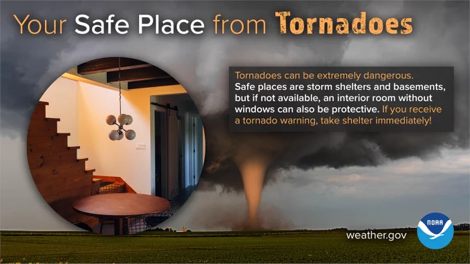 Interior view of a home showing a safe room with a table and stairs, contrasted with a tornado funnel outside, emphasizing shelter during tornadoes. Text: Your safe place from tornadoes. Tornadoes can be extremely dangerous. Safe places are storm shelters and basements, but if not available, an interior room without windows can also be protective. If you receive a tornado warning, take shelter immediately!