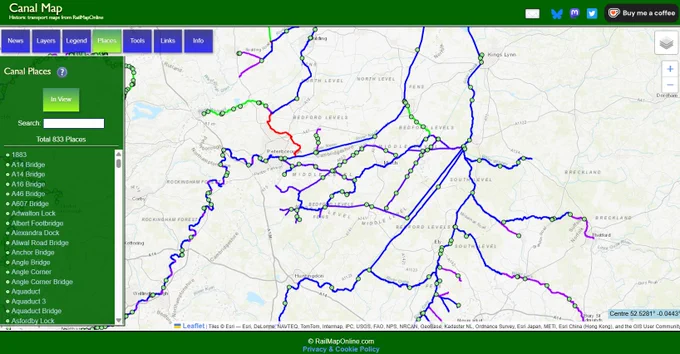 Navigable rivers and canals around Peterborough and Kings Lynn.
