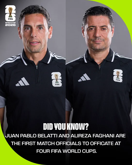 A splitscreen graphic with photos of match officials Juan Pablo Belatti and Alireza Faghani, with text that reads:

Did you know?

Juan Pablo Belatti and Alireza Faghani are the first match officials to officiate at four FIFA World Cups.