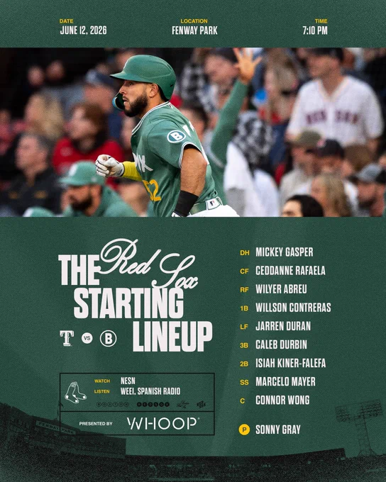June 12, 2026 lineup vs. Texas Rangers at Fenway Park: Gasper DH, Rafaela CF, Abreu RF, Contreras 1B, Duran LF, Durbin 3B, Kiner-Falefa 2B, Mayer SS, Wong C, Gray P. Watch on NESN and listen on WEEI & Spanish radio at 7:10pm.

IMAGE: Wilyer Abreu runs the bases at Fenway Park wearing the Red Sox Fenway Greens uniform.