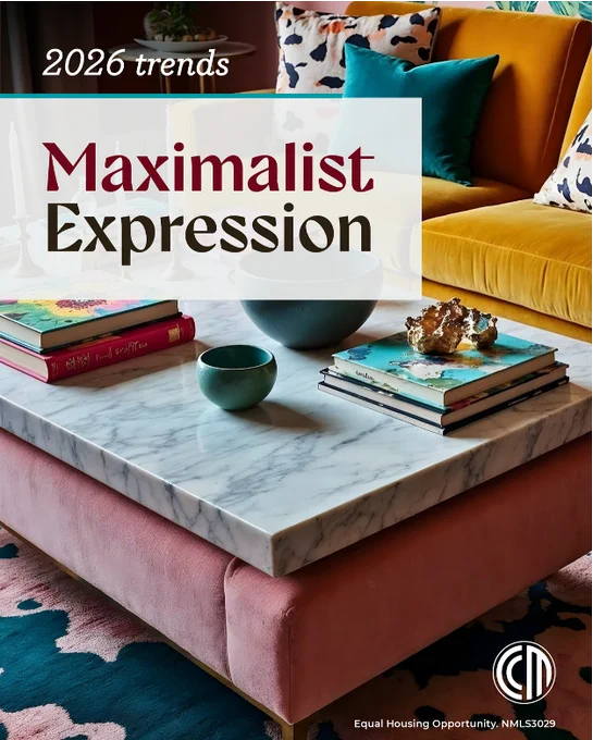 Aesthetic living room with text overlay that reads \"2026 trends: Maximalist Expression.\"