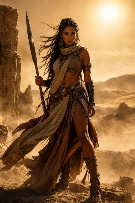 A fierce warrior with long, wind-swept dark hair stands in a desolate, sun-scorched desert landscape. She possesses a tan complexion, dark eyes, and a determined, stoic expression. She wears layered, weathered desert-toned clothing including a crop top, a wrap skirt with a high slit, arm bracers, and lace-up sandals, all adorned with intricate metallic embellishments. She holds a tall, sharp spear in her right hand. The background features ancient ruined stone pillars and hazy golden sand dunes under a bright, glowing sun, creating an atmosphere of epic fantasy and resilience.