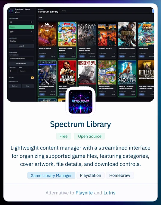 A user interface displays the Spectrum Library, showcasing various PS5 games with cover art, categories, and download options.