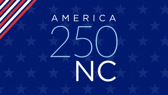 Commemorative design with "AMERICA 250 NC" on a blue background with stars and diagonal stripes.