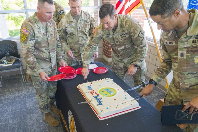Happy Early Birthday, U.S. Army!\n\nEarlier today, CAC Command Sgt. Maj. Shaun Curry helped cut the Army birthday cake at the USDB, continuing a tradition that honors generations of Soldiers who have answered the nation's call. \n\nThis weekend we will celebrate the U.S. Army's 251st birthday and honor the Soldiers, civilians and families who have carried the legacy forward for generations. #DriveChangeForgeVictory