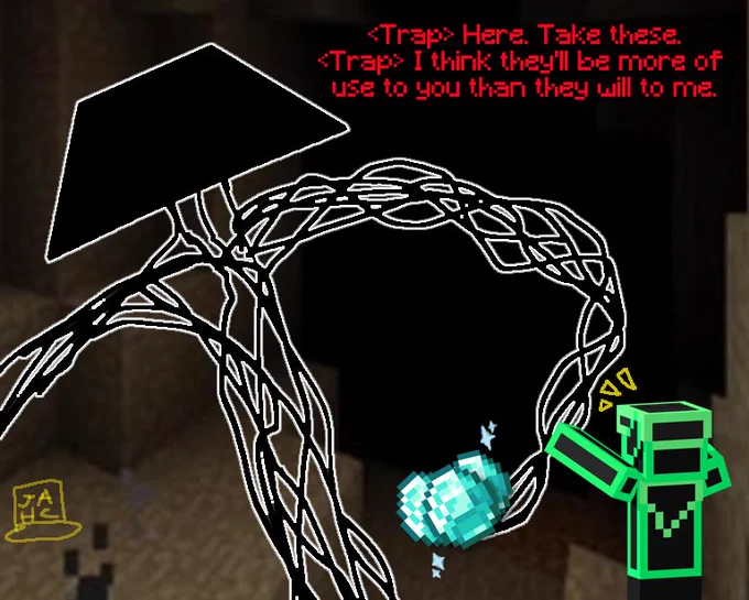 I haven't thought much lore/gimmicks for them yet but they're netural and not aggressive upfront depending on how the player is.. I'm thinking they can randomly offer diamonds and other helpful items to the player as long as the player doesn't attack them while encountering them. (I feel like they'd give them materials to help out out of pity since they aren't exactly as cruel as the other entities 💔)
..also The Chair mentioned on accident because of the player's skin (which is The Chair skin i made a while ago), don't ask. /j