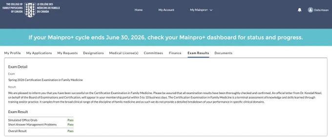 Family medicine certification exam results: Pass