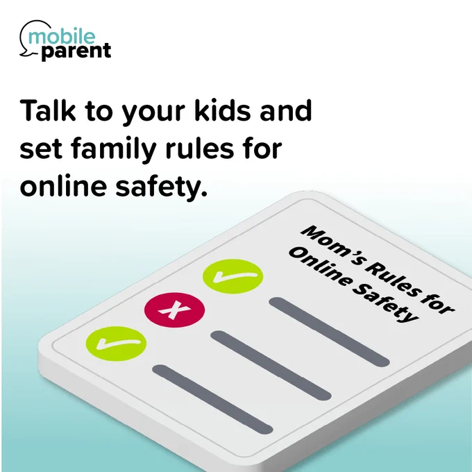 The image features a sign with the title "Mom's Rules for Online Safety," showing a checklist with one red "X" and two green checkmarks. Above the sign, the text reads, "Talk to your kids and set family rules for online safety." 