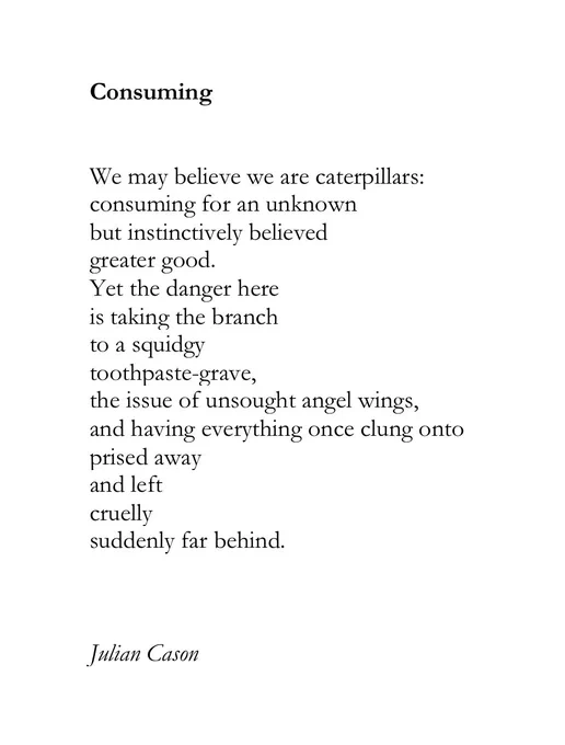 Consuming


We may believe we are caterpillars:
consuming for an unknown
but instinctively believed 
greater good.
Yet the danger here
is taking the branch
to a squidgy
toothpaste-grave,
the issue of unsought angel wings,
and having everything once clung onto
prised away
and left 
cruelly 
suddenly far behind.



Julian Cason