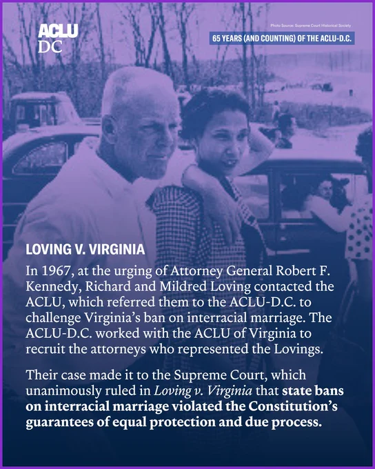 A graphic with a purple and blue dual-tone image of Richard and Mildred Loving leaning against a car with a purple border as the background. Overlayed, white text reads: “LOVING V. VIRGINIA. In 1967, at the urging of Attorney General Robert F. Kennedy, Richard and Mildred Loving contacted the ACLU, which referred them to the ACLU-D.C. to challenge Virginia’s ban on interracial marriage. The ACLU-D.C. worked with the ACLU of Virginia to recruit the attorneys who represented the Lovings.

Their case made it to the Supreme Court, which unanimously ruled in Loving v. Virginia that state bans on interracial marriage violated the Constitution’s guarantees of equal protection and due process.

Photo Source: Supreme Court Historical Society.”

The ACLu-D.C. logo is in the top left corner.