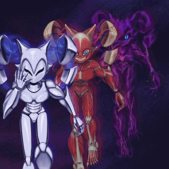 A silvery metallic jester posing in front, a red muscular bony and skinless jester stands behind them and a shadowy apparition behind that one.