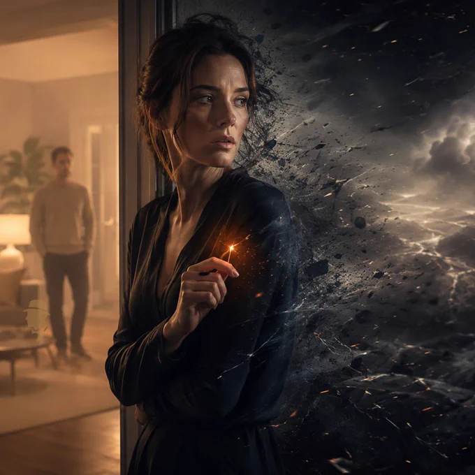 Cinematic editorial image created with ChatGPT showing a tense woman standing in a doorway between a warm, peaceful home interior and a dark storm-like exterior. She holds a small flame while looking over her shoulder, with a blurred man standing in the background. The image symbolizes toxic relationship cycles, emotional sabotage, preemptive rejection, manufactured chaos, attachment wounds, and the moment peace becomes threatening to someone addicted to conflict.