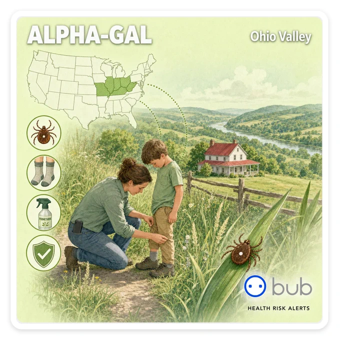 Illustration of an Ohio Valley field where a parent checks a child for ticks; a US map shades the Ohio Valley for alpha-gal tick risk. Labels read ALPHA-GAL and Ohio Valley.
