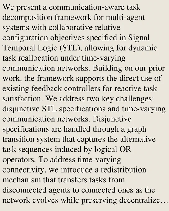 We present a communication-aware task decomposition framework for multi-agent systems with collaborative relative configuration objectives specified in Signal Temporal Logic (STL), allowing for dynamic task reallocation under time-varying communication networks. Building on our prior work, the framework supports the direct use of existing feedback controllers for reactive task satisfaction. We address two key challenges: disjunctive STL specifications and time-varying communication networks. Disjunctive specifications are handled through a graph transition system that captures the alternative task sequences induced by logical OR operators. To address time-varying connectivity, we introduce a redistribution mechanism that transfers tasks from disconnected agents to connected ones as the network evolves while preserving decentralized execution. Simulations and experiments on a swarm of Crazyflie drones demonstrate scalability in the number of agents, communication connectivity, and speci