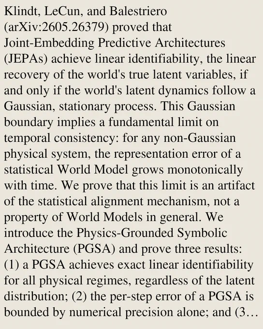 Klindt, LeCun, and Balestriero (arXiv:2605.26379) proved that Joint-Embedding Predictive Architectures (JEPAs) achieve linear identifiability, the linear recovery of the world's true latent variables, if and only if the world's latent dynamics follow a Gaussian, stationary process. This Gaussian boundary implies a fundamental limit on temporal consistency: for any non-Gaussian physical system, the representation error of a statistical World Model grows monotonically with time. We prove that this limit is an artifact of the statistical alignment mechanism, not a property of World Models in general. We introduce the Physics-Grounded Symbolic Architecture (PGSA) and prove three results: (1) a PGSA achieves exact linear identifiability for all physical regimes, regardless of the latent distribution; (2) the per-step error of a PGSA is bounded by numerical precision alone; and (3) as a direct consequence, a PGSA maintains temporal consistency for an unbounded number of transitions, a proper