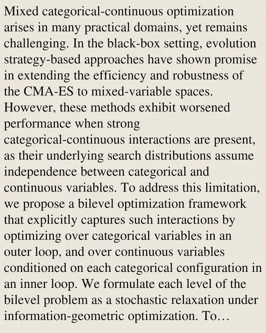 Mixed categorical-continuous optimization arises in many practical domains, yet remains challenging. In the black-box setting, evolution strategy-based approaches have shown promise in extending the efficiency and robustness of the CMA-ES to mixed-variable spaces. However, these methods exhibit worsened performance when strong categorical-continuous interactions are present, as their underlying search distributions assume independence between categorical and continuous variables. To address this limitation, we propose a bilevel optimization framework that explicitly captures such interactions by optimizing over categorical variables in an outer loop, and over continuous variables conditioned on each categorical configuration in an inner loop. We formulate each level of the bilevel problem as a stochastic relaxation under information-geometric optimization. To mitigate the high computational cost inherent to bilevel optimization, we introduce a warm-starting strategy that accelerates th