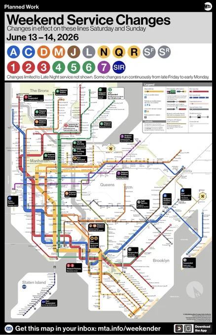 Weekend service change map between June 13-14, 2026