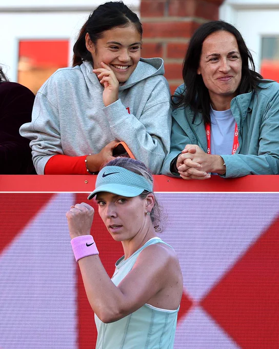 Split screen with image of Emma Raducanu on The Queen's Club balcony and the bottom of Katie Boulter celebrating on court