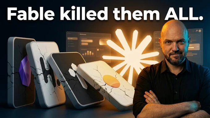 Video thumbnail: Fable killed them ALL. Cracked app tiles toppling like dominoes in front of a glowing Claude starburst, Tom with crossed arms.