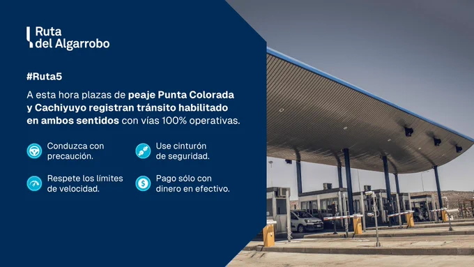 #RutaDelAlgarrobo A esta hora plazas de peaje #PuntaColorada y #Cachiyuyo registran tránsito habilitado en ambos sentidos con vías 100% operativas. #Ruta5
