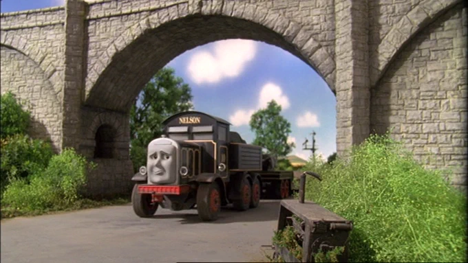A shot of Nelson driving under the Big Dipper Viaduct from Thomas and the Magic Railroad.