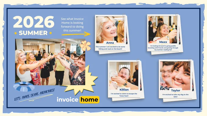 Group of friends toasting at a summer event with polaroid images showing their summer plans. Lively and cheerful atmosphere.